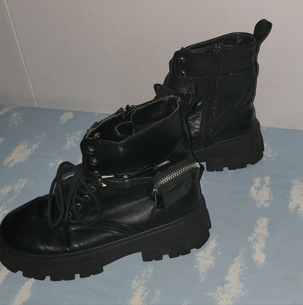 Godiva Women’s Black Leather Lug Ankle Boots - Fashion Combat Style